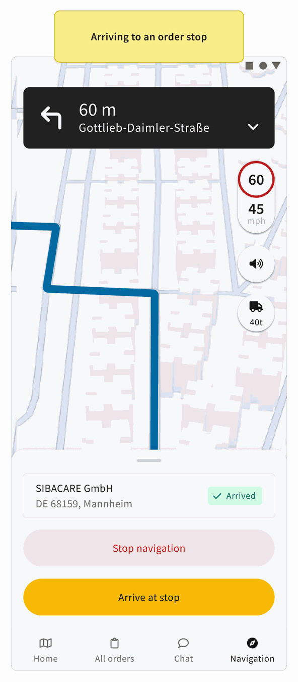 Arriving at an order stop also shows an Arrive at stop control