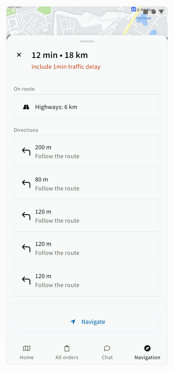 Route comparison with time, distance, and turn-by-turn directions before starting navigation