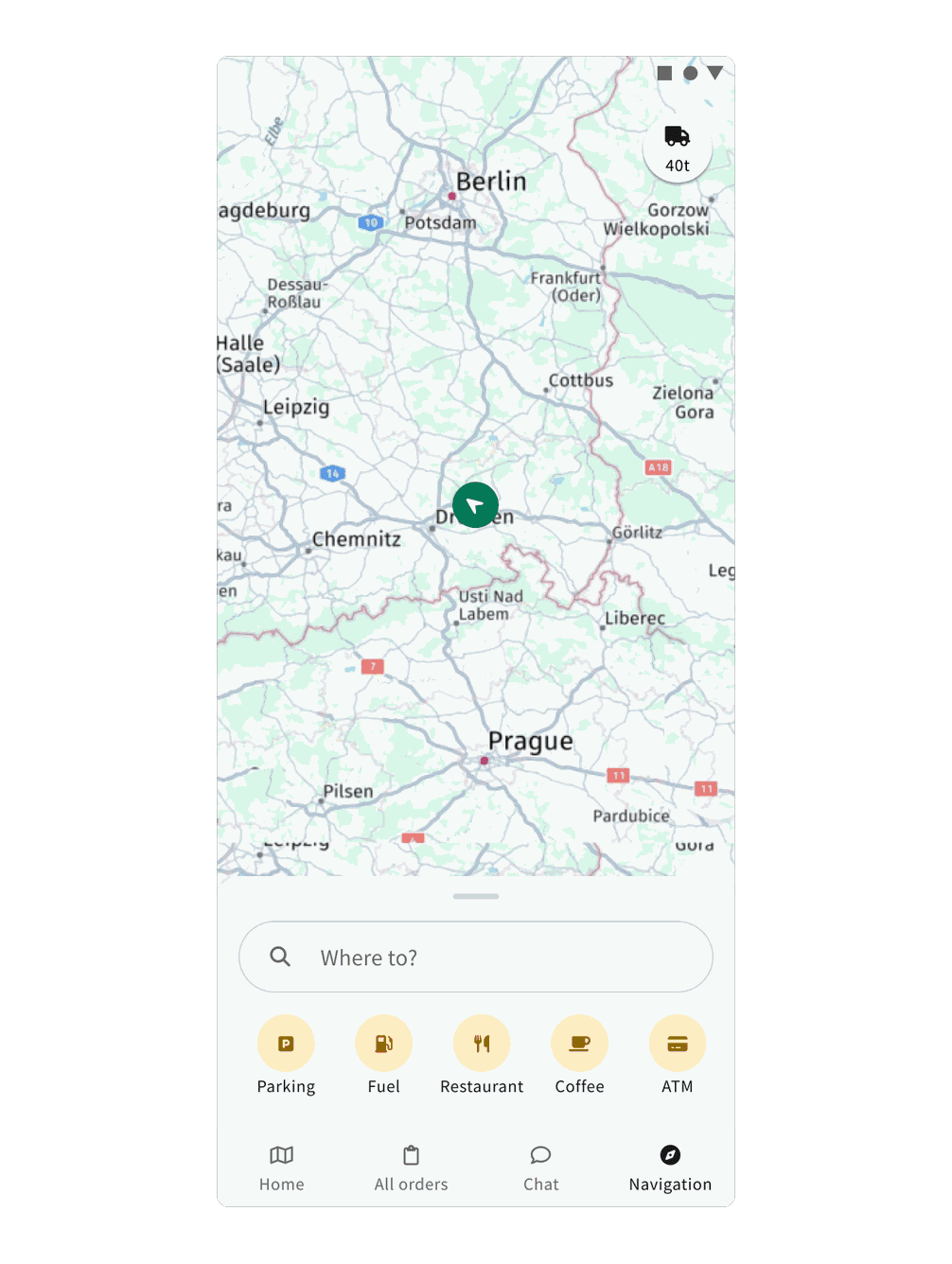 DriverApp Navigate screen with Where to? search bar and Parking, Fuel, Restaurant, Coffee, ATM categories