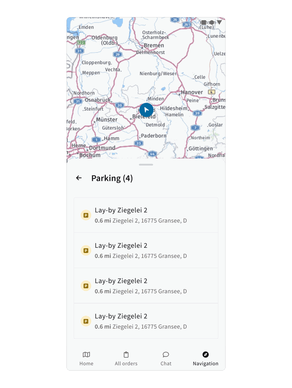 Parking results list showing four truck parking spots with distance