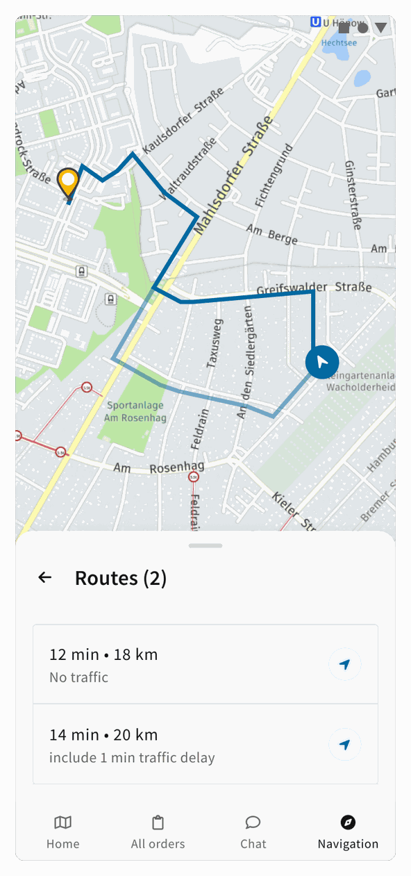 Route preview on the map to the selected destination