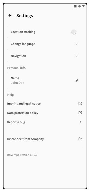 IMPARGO DriverApp settings menu