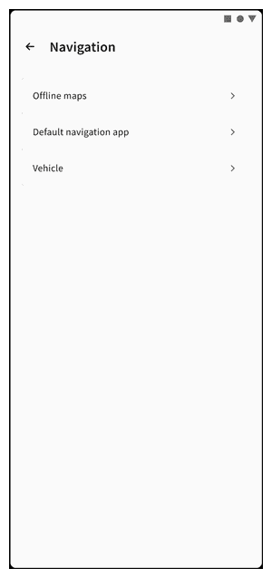 Navigation settings submenu with Offline maps, Default navigation app, and Vehicle