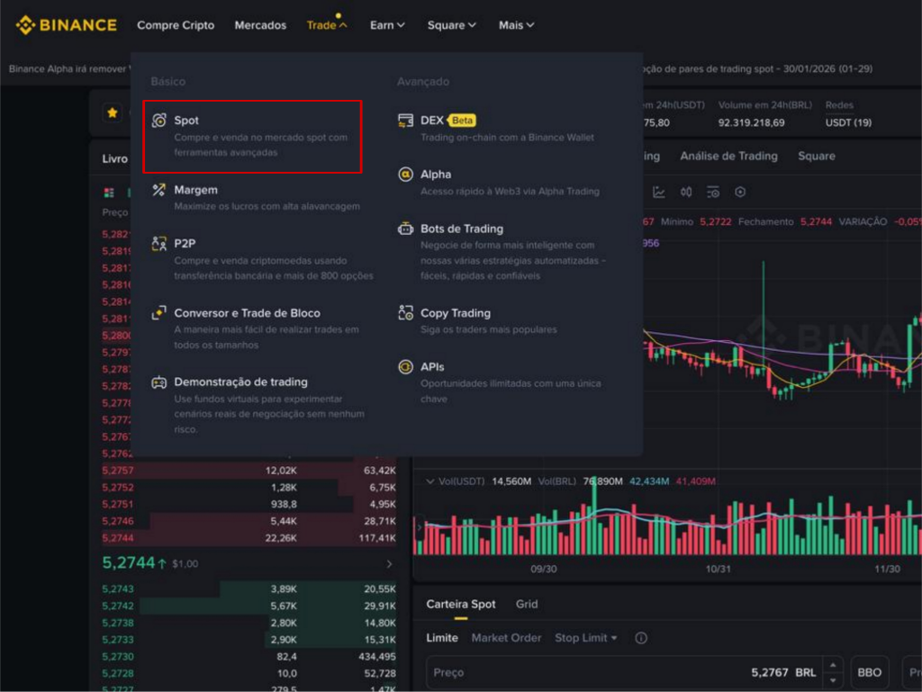 Passo 1: Acesse Trade → Spot na Binance