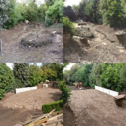 An uneven garden landscaped and levelled out then laid with 20ton on hardcore to create a solid base for my client to install a new large garden shed. A 30m perforated land drain was also installed to stop the garden flooding from the above field run off