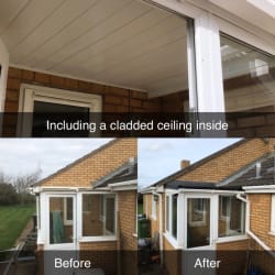 We removed the old polycarbonate roof on the porch & replaced it with an EPDM membrane, included guttering & a claddes ceiling. A local company in Offenham
