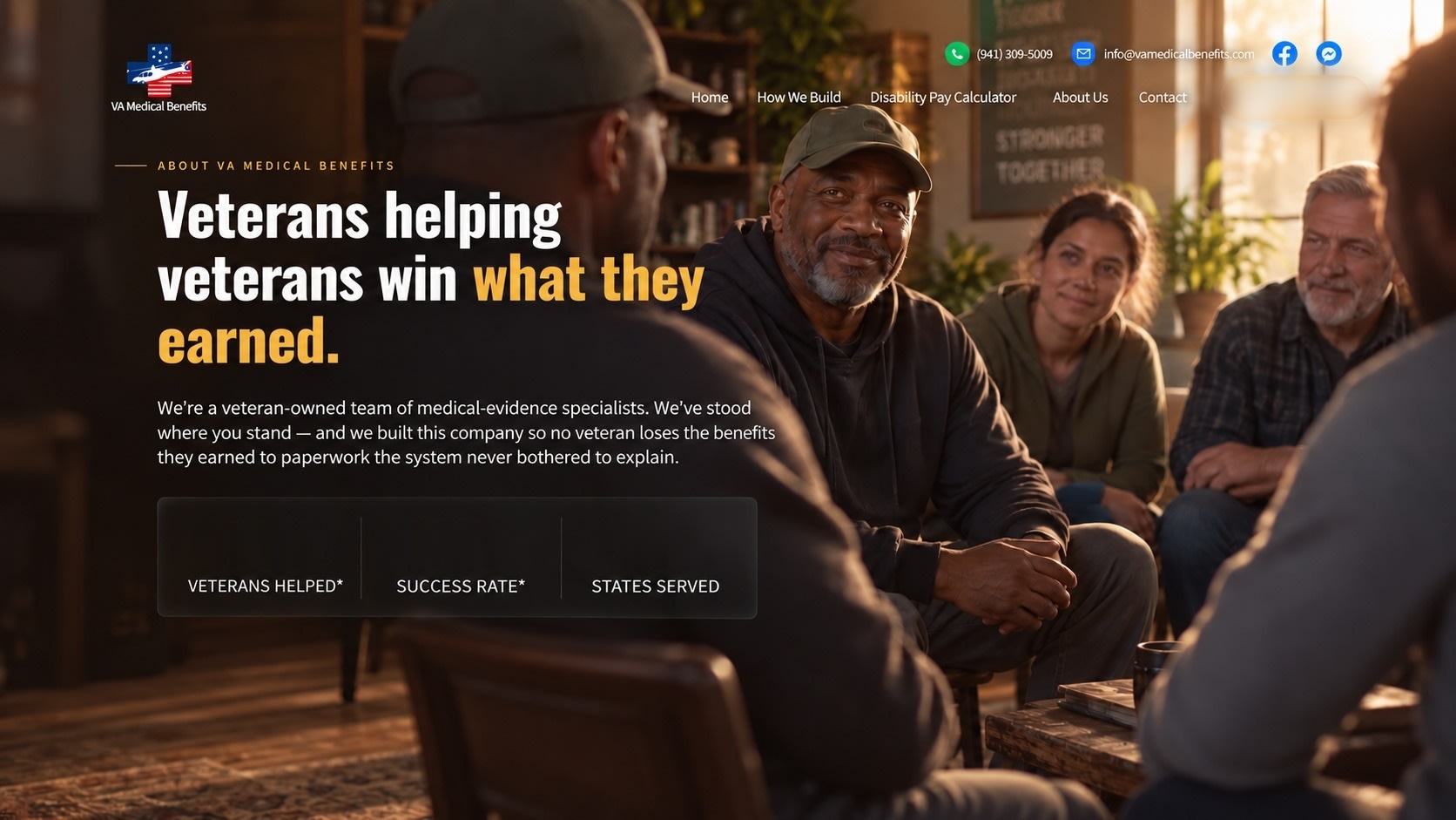 VA Medical Benefits, About VA Medical Benefits. Veterans helping veterans win what they earned. We&rsquo;re a veteran-owned team of medical-evidence specialists. We&rsquo;ve stood where you stand and built this company so no veteran loses the benefits they earned to paperwork the system never bothered to explain. 400+ veterans helped, 97% success rate, 50 states served.