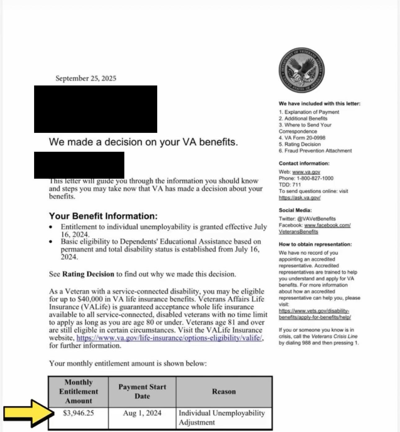 VA decision letter, individual unemployability granted, $3,946.25/mo