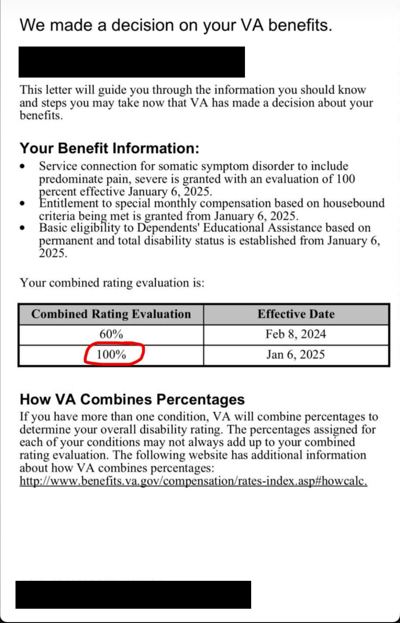 VA decision letter, combined rating increased to 100 percent