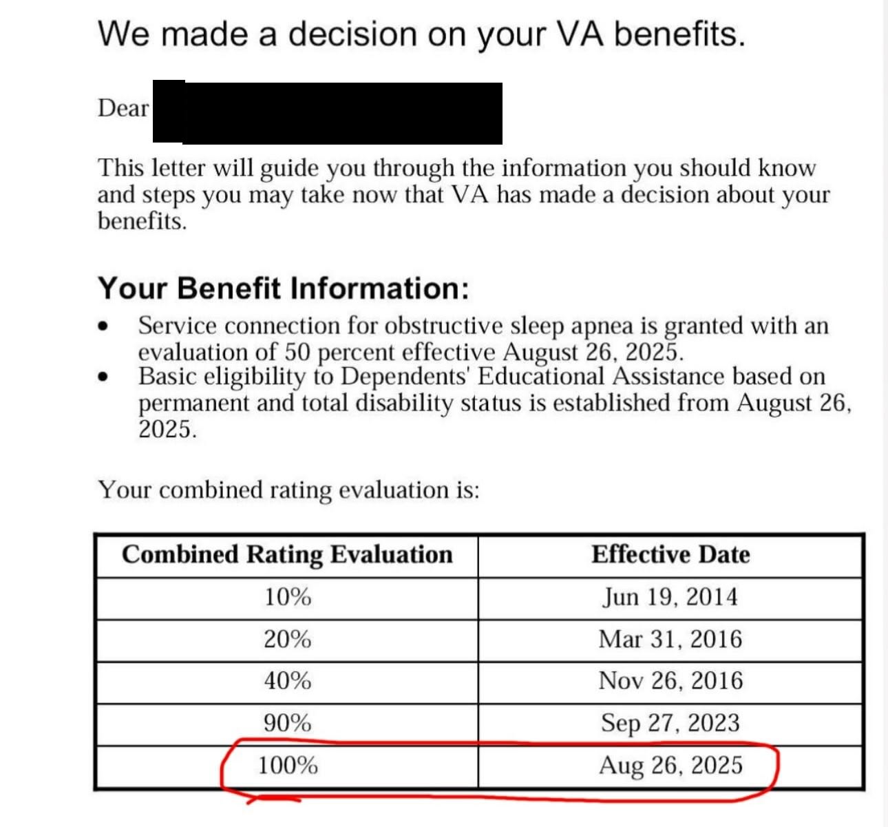 VA decision letter, sleep apnea granted, now 100 percent