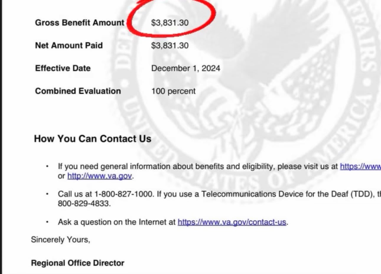 VA payment summary, 100 percent combined evaluation, $3,831.30/mo