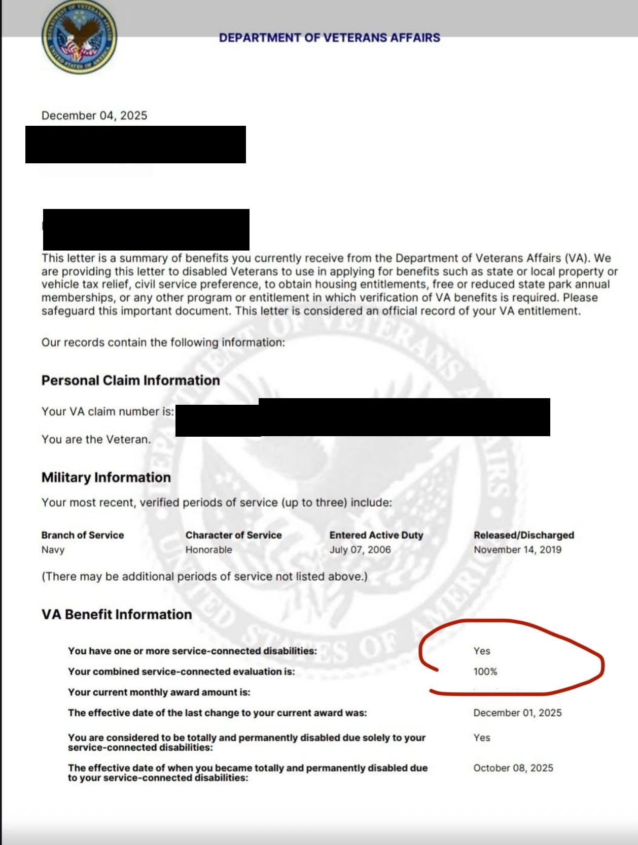 VA benefits summary letter, 100 percent, permanent and total