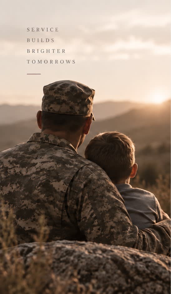 A veteran and a child looking out over a sunset valley. Service builds brighter tomorrows.