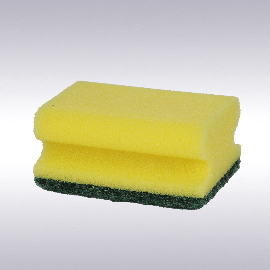 Gele schuurspons met greep en groene pad - vpe 2