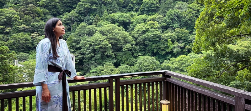 caprice on balcony at ryokan in hakone japan