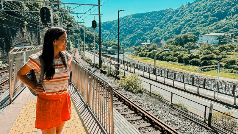 Caprice at train station in Hakone Yumoto