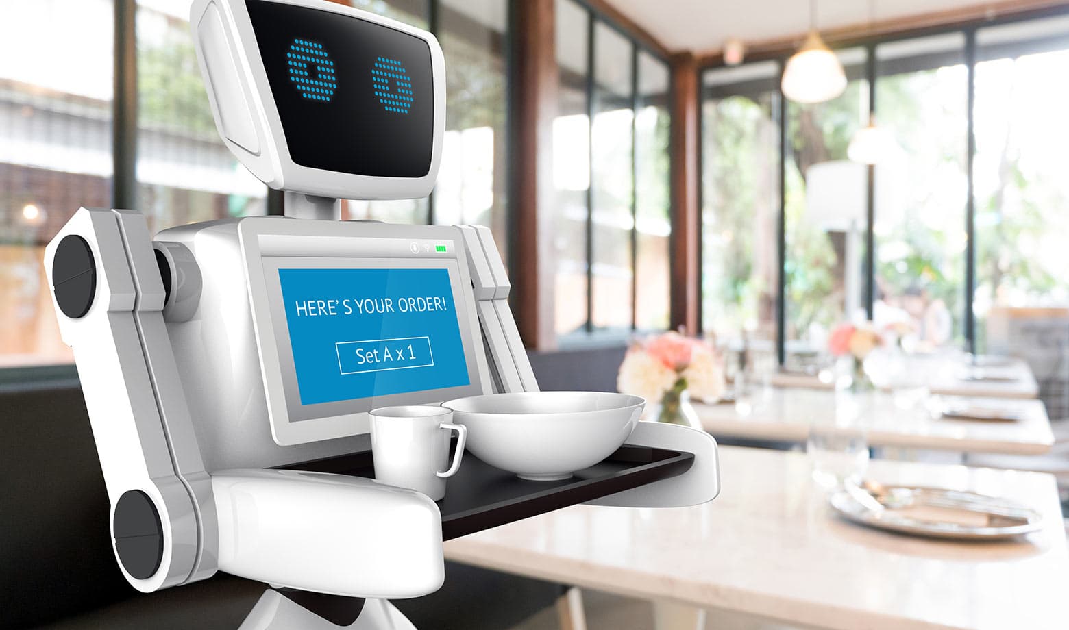 The image shows a robot delivering food