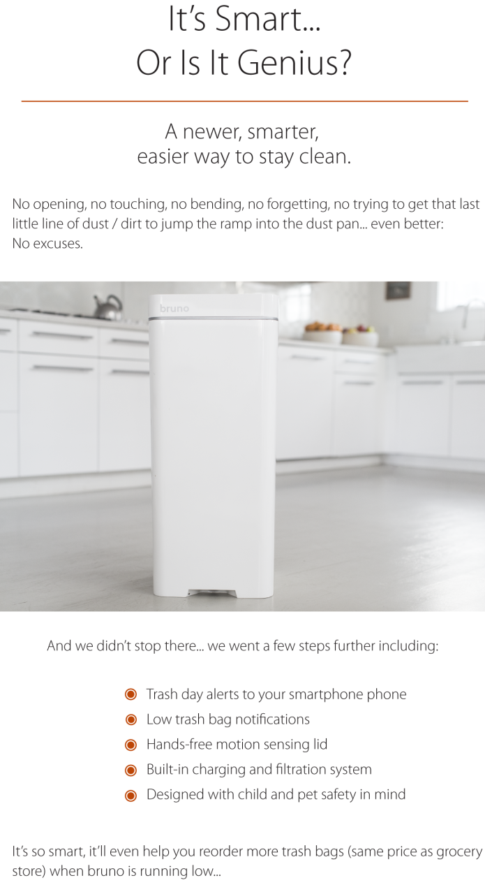Bruno 'Smart' Trash Can With BuiltIn Vacuum. Indiegogo