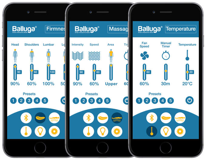 App pages for Firmness, Massage & Temperature control
