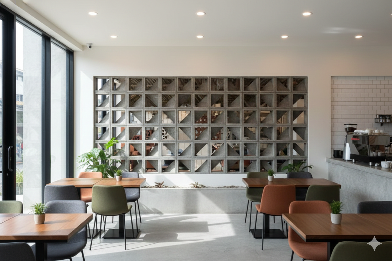 The implementation of minimalist $breeze$ $block$ on the facade of modern house architecture provides optimal ventilation and creates an aesthetically pleasing decorative roster.