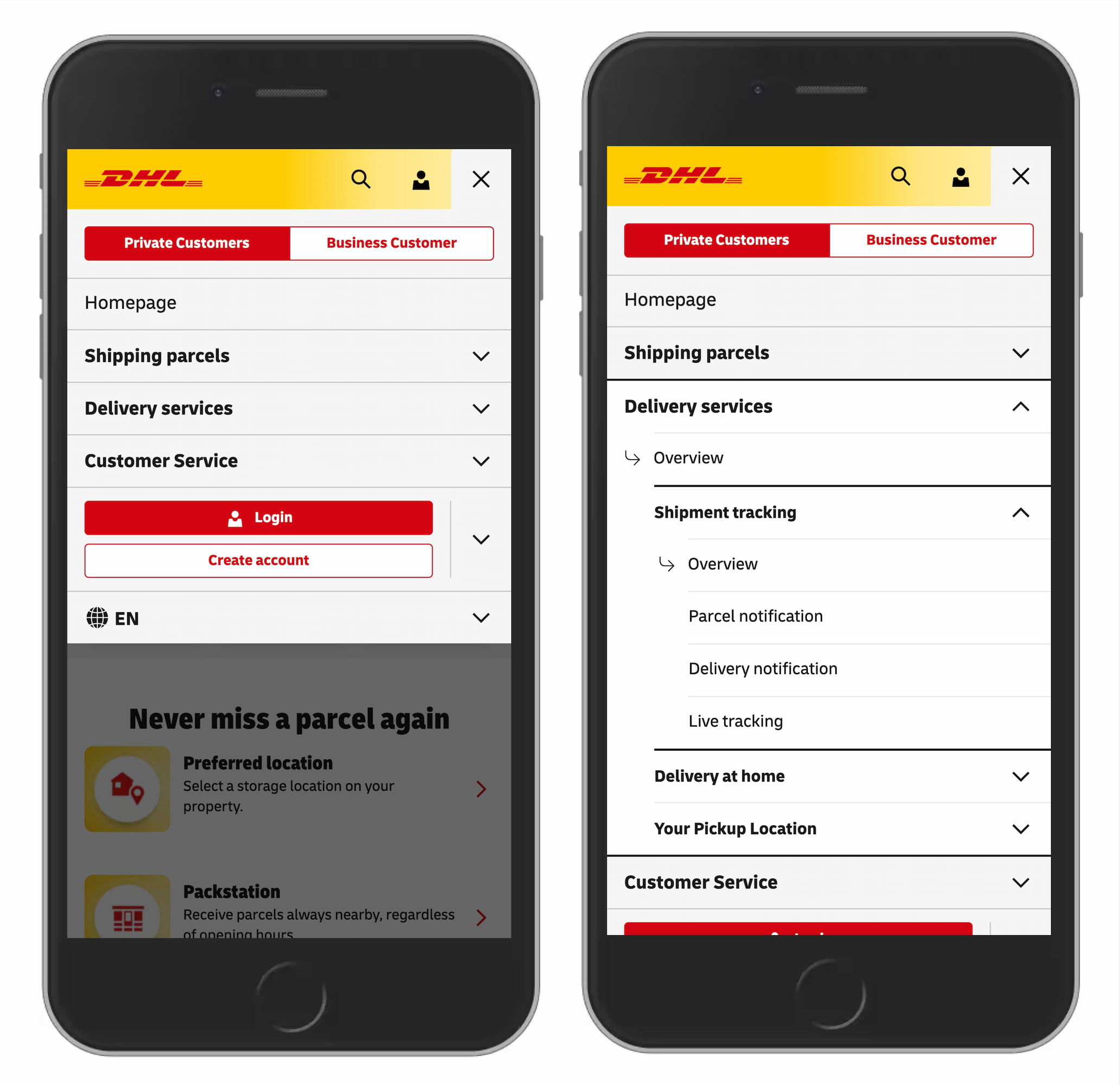 DHL navigation showing accordion icon usage in a real-world e-commerce context — an example of how a major shipping and logistics brand applies accordion signifiers in its menu design