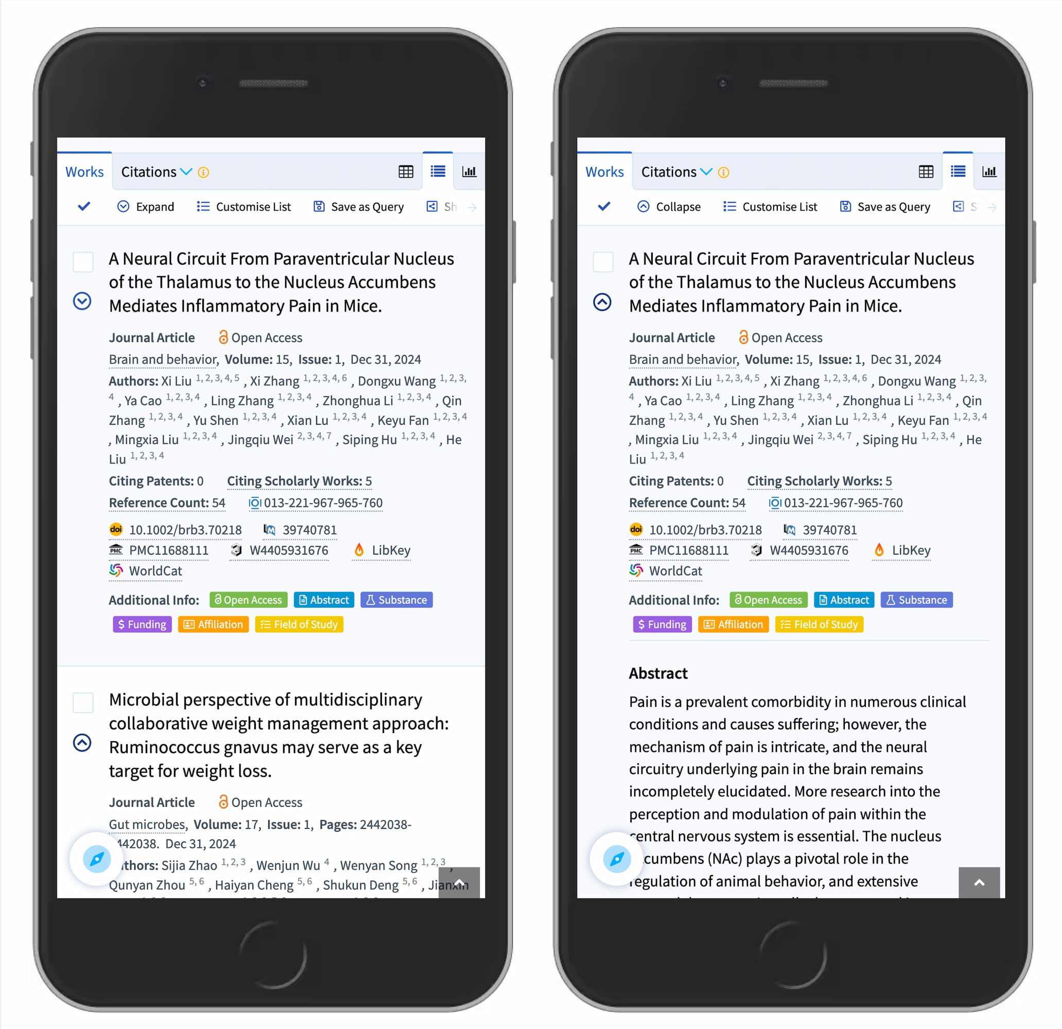 Lens.org scholarly search on mobile showing accordion expand/collapse — left phone shows a collapsed result list with a caret-down icon, right shows the same item expanded with the abstract visible and a caret-up icon
