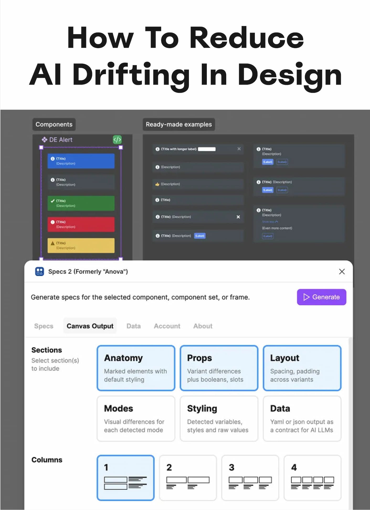 Screenshot of Nathan Curtis's Specs plugin for Figma, generating a component's anatomy, props, layout and tokens as a machine-readable contract