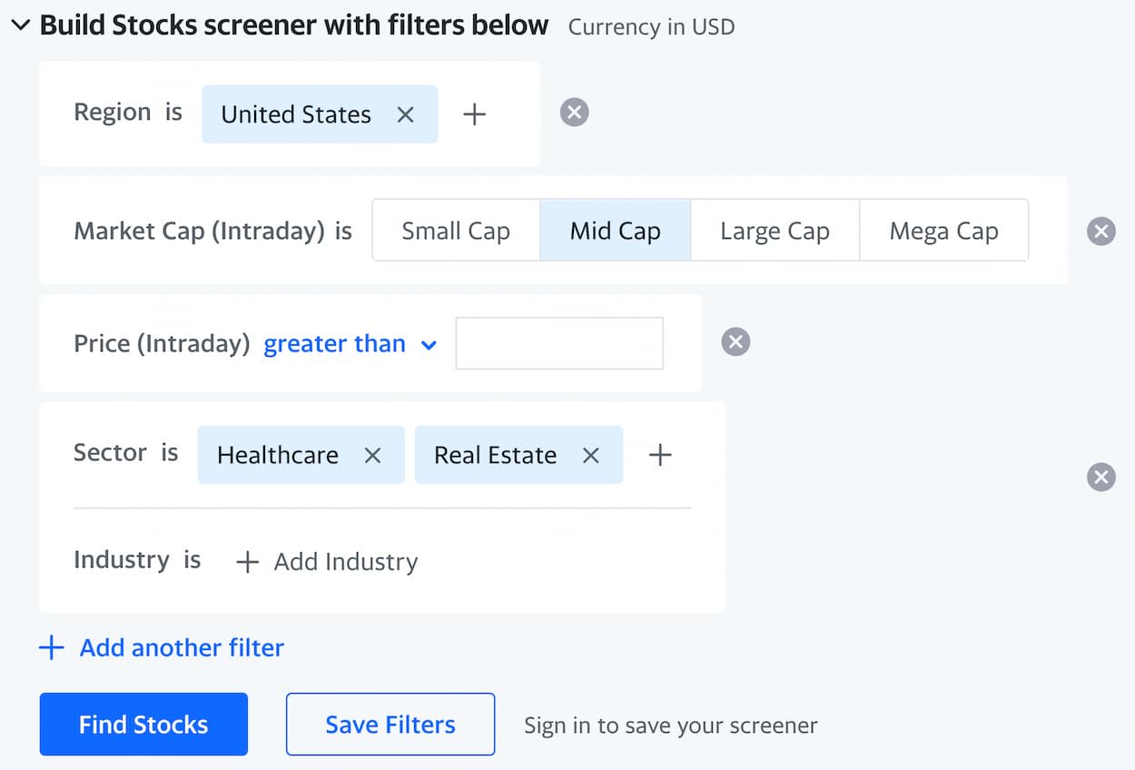 A screenshot of a Yahoo! Screener, with a workflow constructor-alike UI.