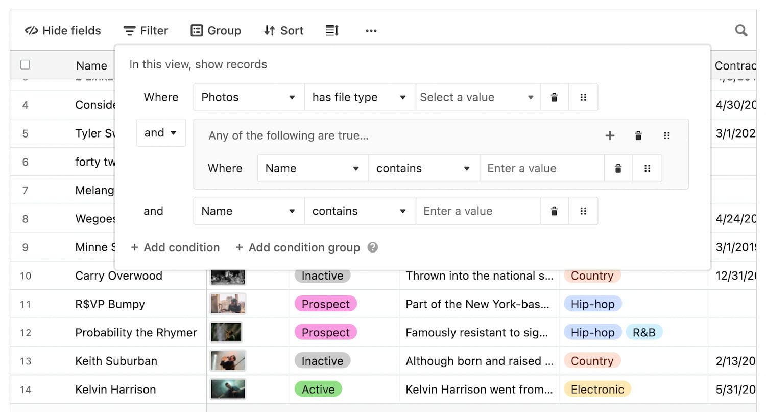 A screenshot of a Airtable's overlay which allow users to construct their filtering queries.