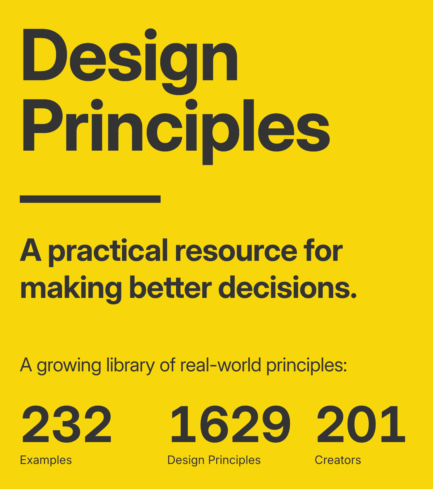 A yellow background with black text reading Design Principles, a practical resource for making better decisions, and statistics: 232 Examples, 1629 Design Principles, and 201 Creators.