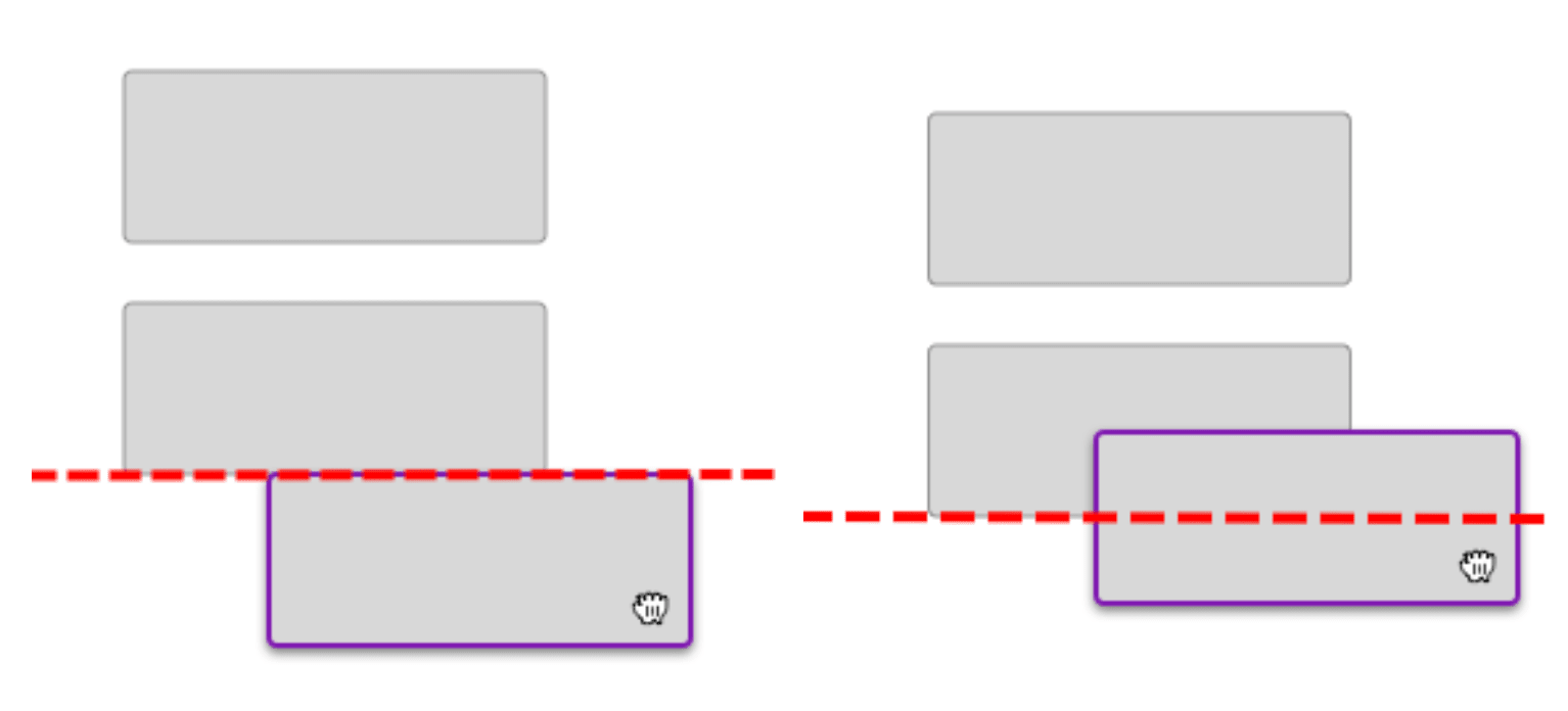 A depiction of one box overlapping another with a red dotted line to indicate the center of the top object having broken the plane of the bottom one