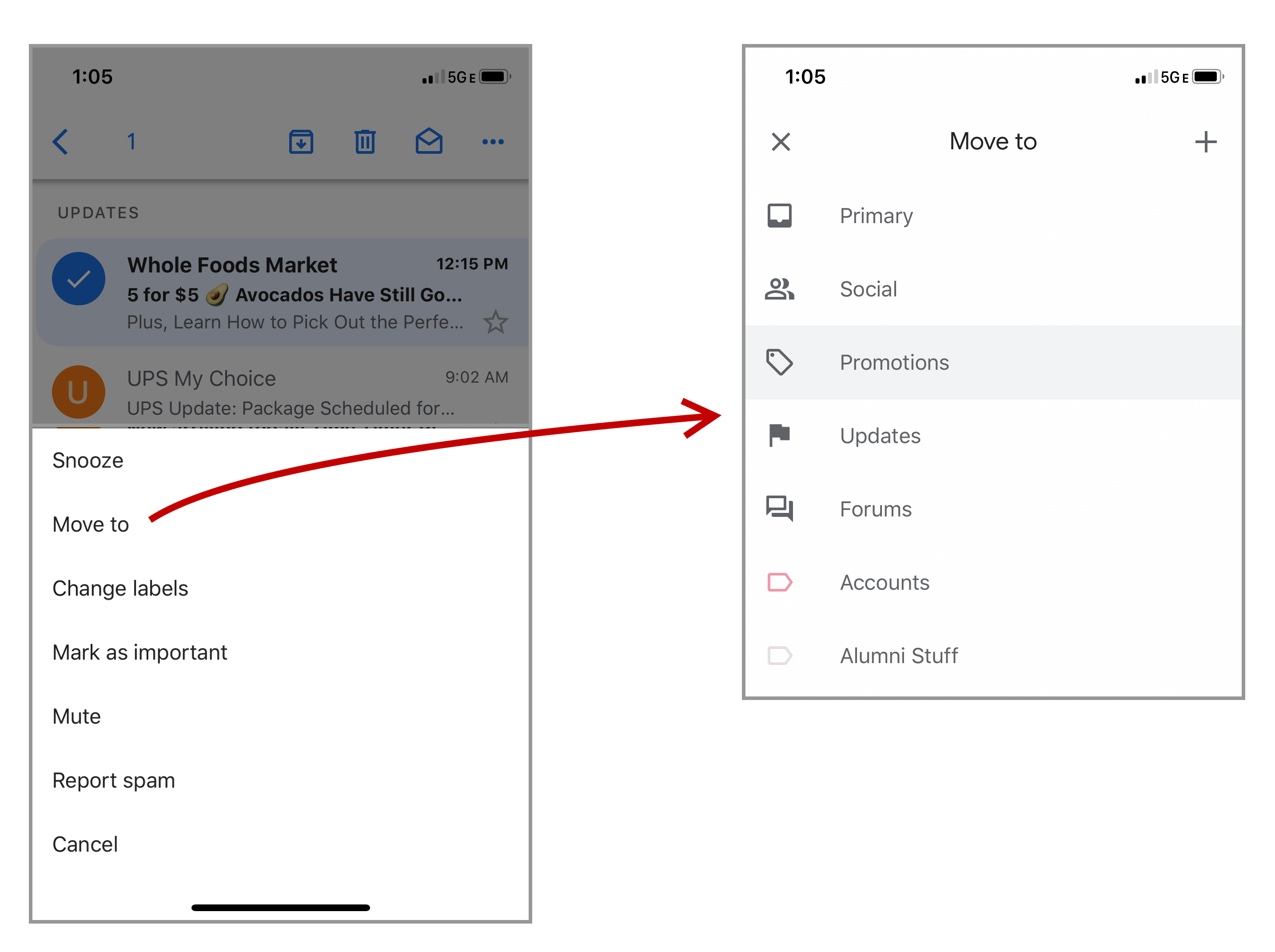 GMail using a Move to button on mobile, creating fewer avenues for mistakes