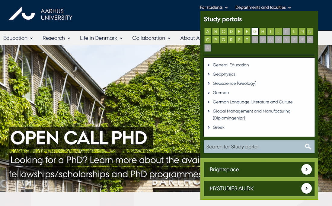 A-Z index overlay in the header of every page on Aarhus University website