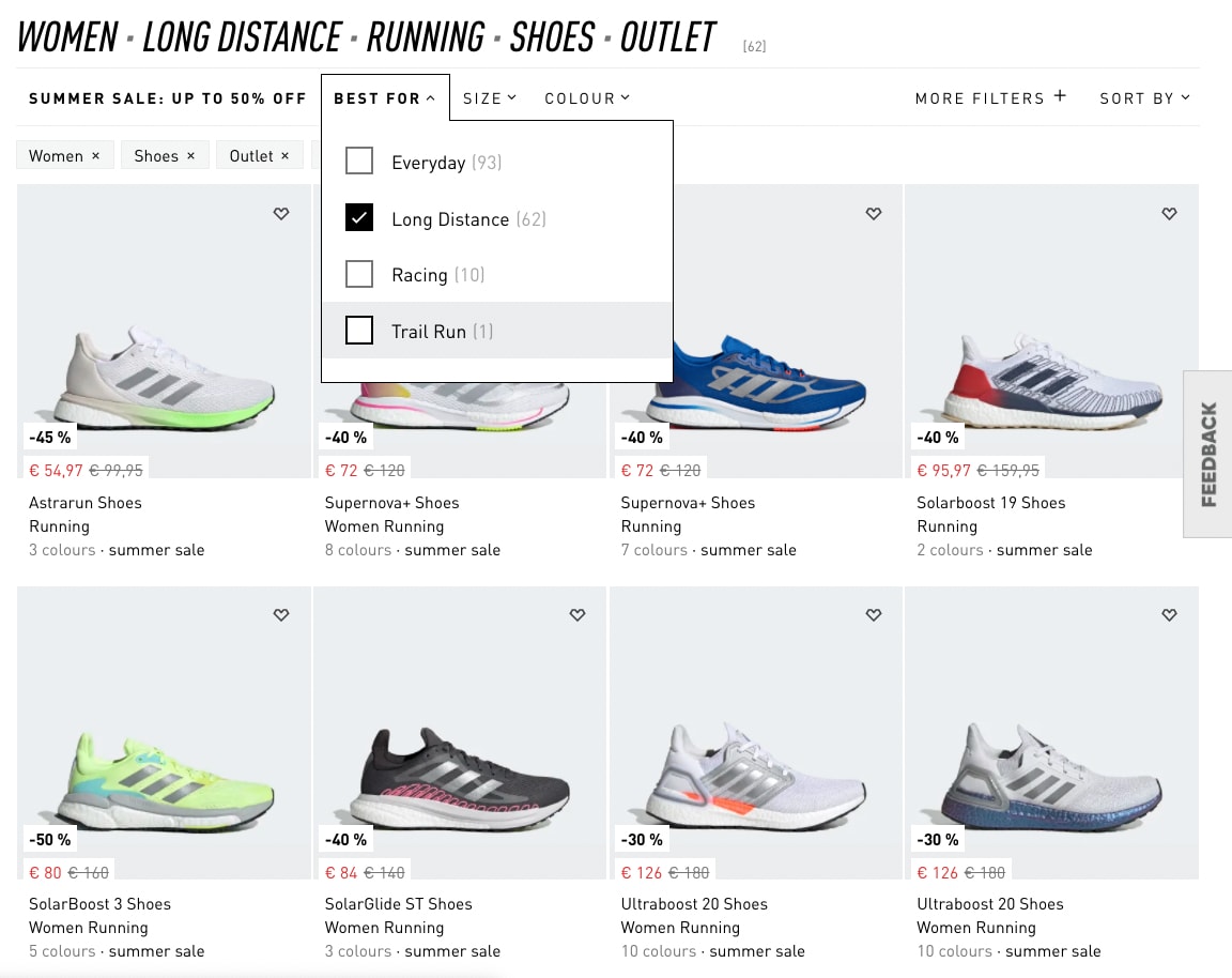 A screenshot of Adidas.de filters