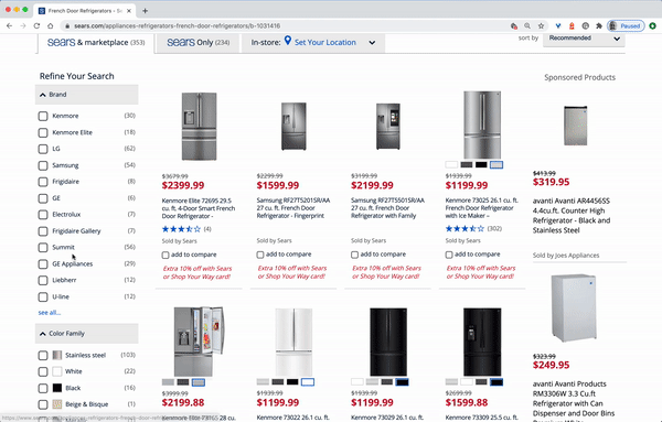 A screenshot of a Sears.com filters