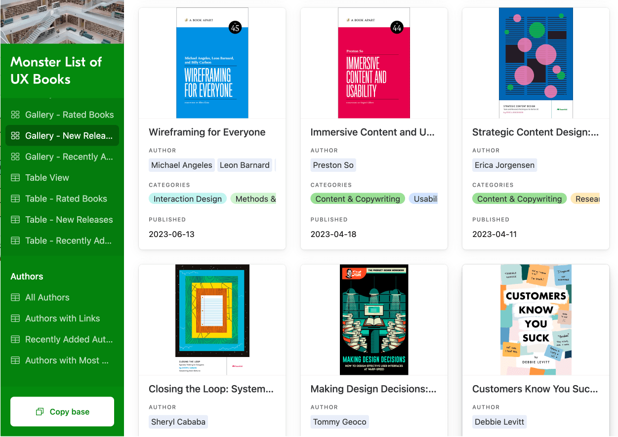 A screenshot with a grid of 6 books published recently on interaction design, customer experience and copywriting.