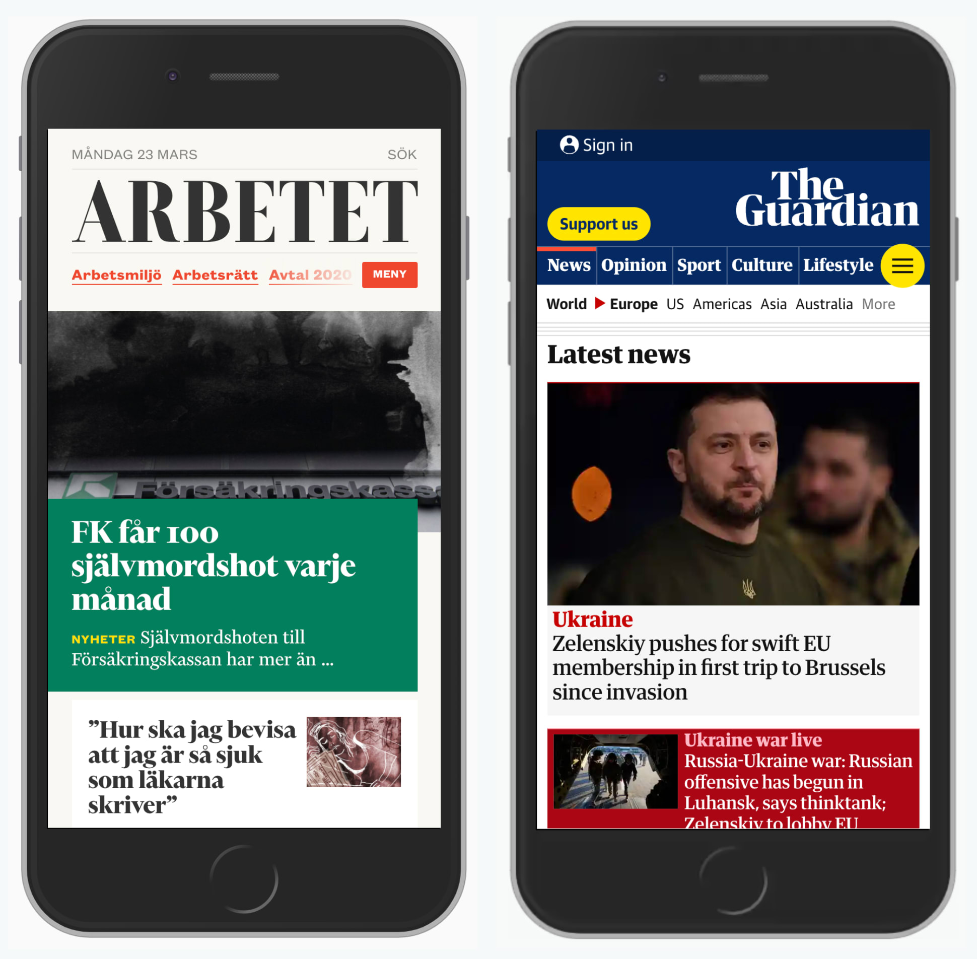 A screenshots of Arbetet.se and TheGuardian.com.