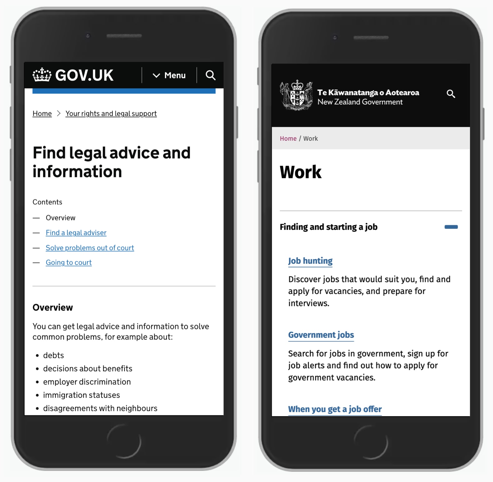 A screenshots of Gov.uk and Govt.nz.