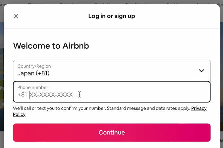 Two-step input for the phone number at AirBnB