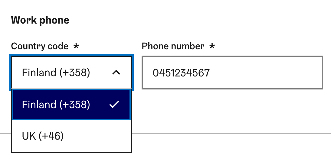 Phone input component in Helsinki Design System, with no masking needed