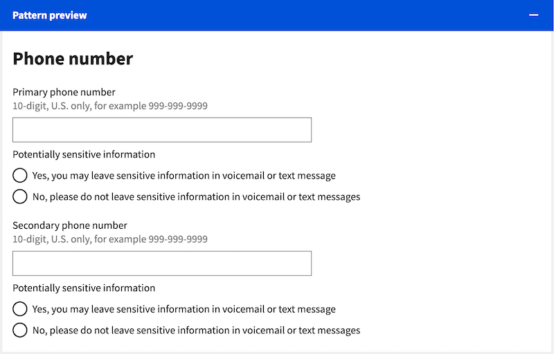 A phone input field from the U.S. Web Design System, stating the number needs to be US-based and asking for permission