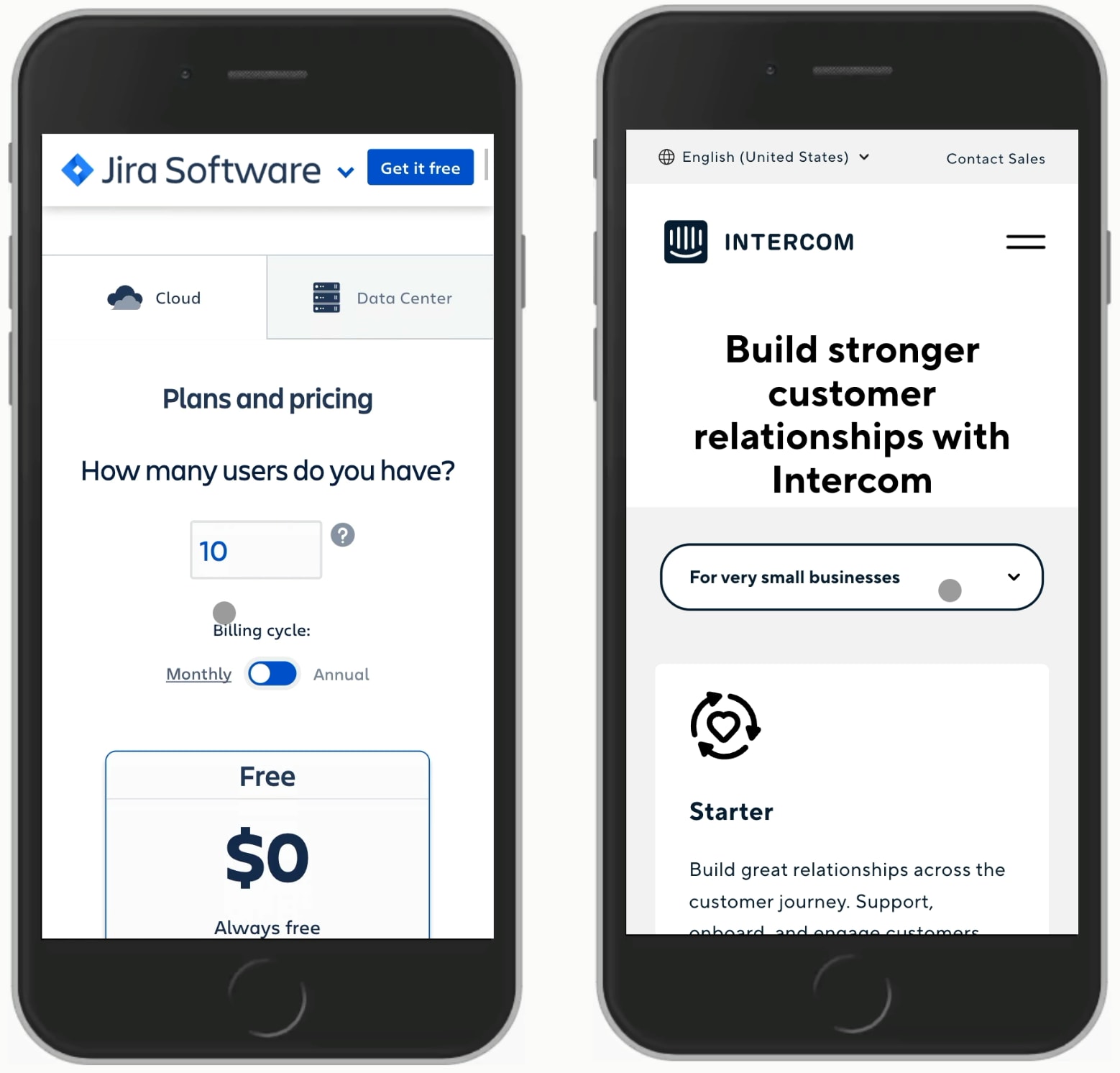 A screenshot of a Jira and Intercom price plans