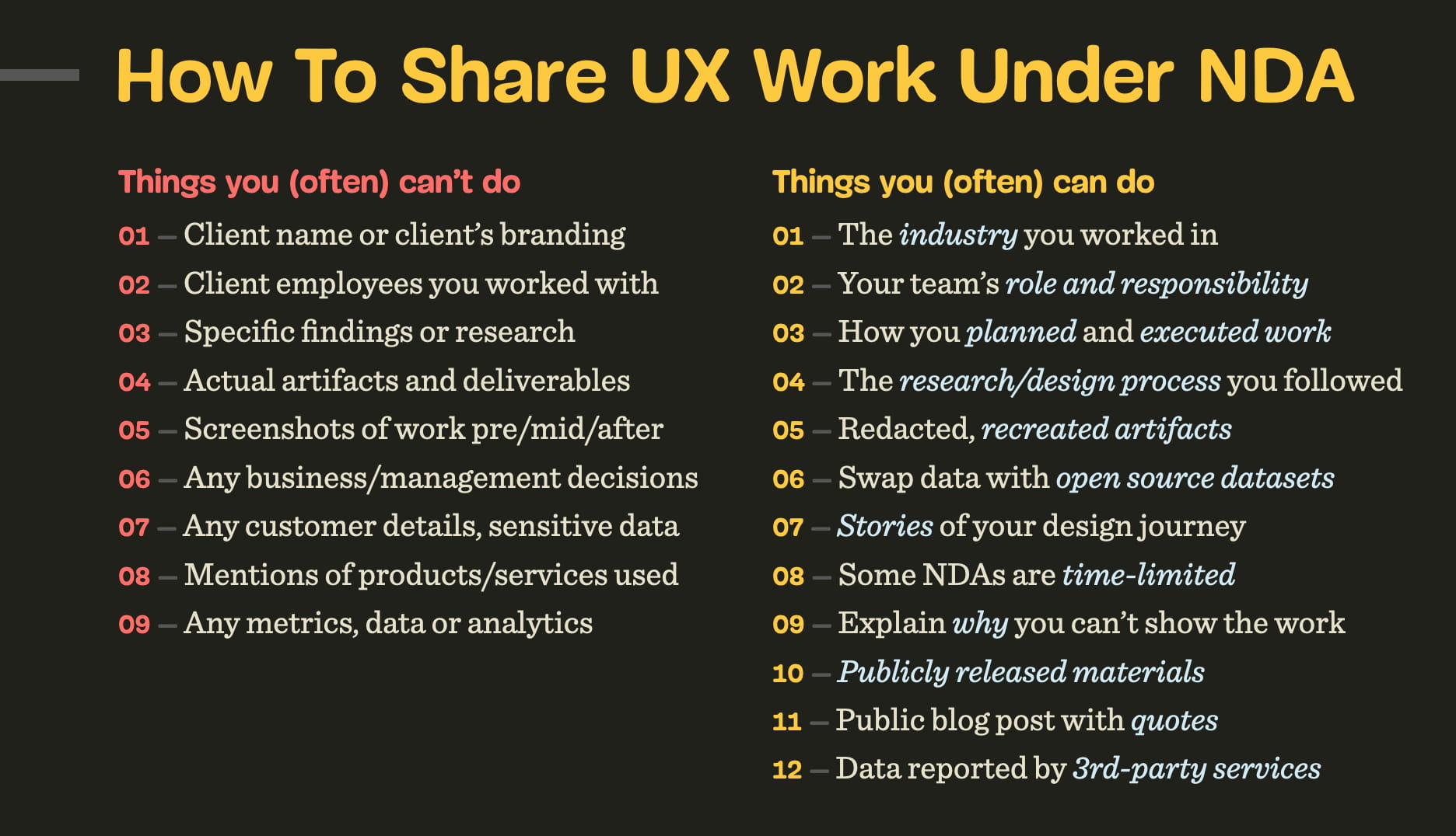 A black slide titled 'How To Share UX Work Under NDA' lists 'Things you (often) can't do' and 'Things you (often) can do' in two columns with numbered bullet points.