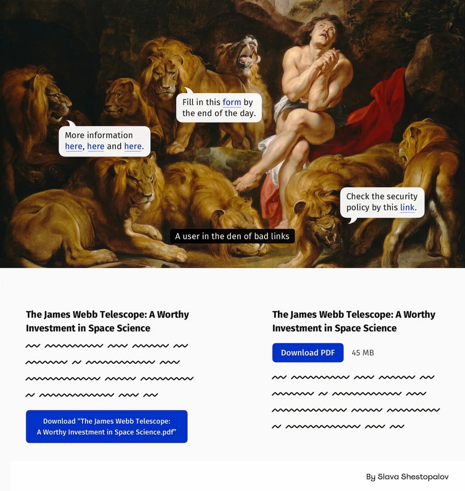 An old painting of a praying man in the den of lions. The overlay shows as if lions are saying “Click here,” “Fill in this form,” “Check by this link.”