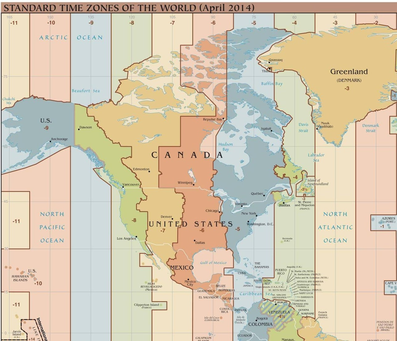 A section of time zones around the world