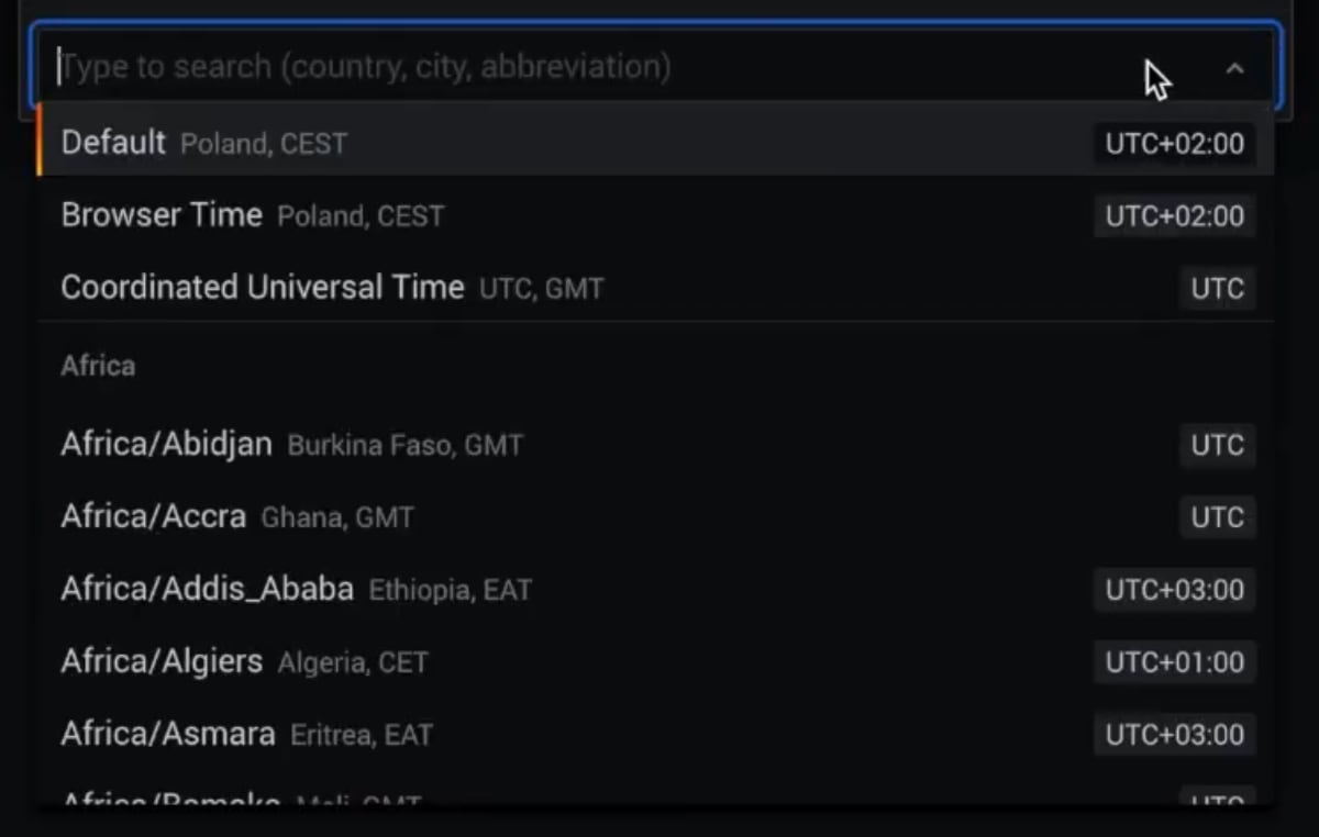 A sophisticated time zone selection UX in Grafana.