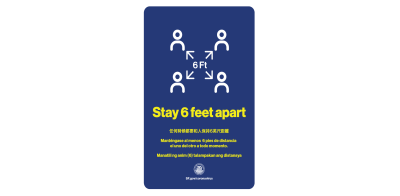 Covid-19 safety poster with a visual of four people icons separated by arrows labeled with 6 feet apart