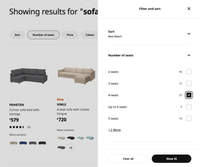 Most filters on Ikea appear in a dedicate sidebar overlay.