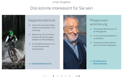 A German insurance company, Allianz, uses a carousel at the bottom of the page with dots placed between the arrows to give the user an idea of how many pages there are to click through
