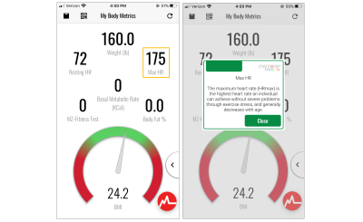 Tooltip explaining maximum heart rate on the MyZone Fitness mobile app.